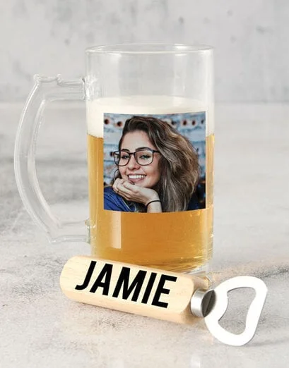 Personalised Named Photo Beer Mug And Opener - Product image