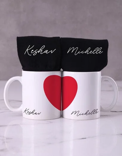 Personalised Red Heart Mugs And Socks Set