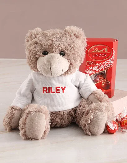Personalised Teddy In Red And Lindt Hamper - Product image