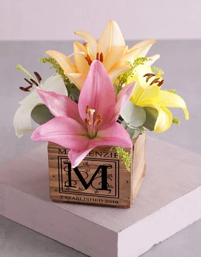 Personalised Wooden Box of Mixed Lilies - Product image
