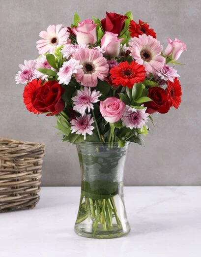 Pink and Red Gerberas, Roses and Sprays in Vase - Product image