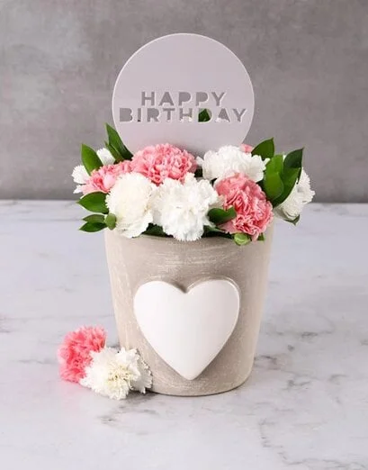 Pink And White Carnations In A Heart Pot - Product image