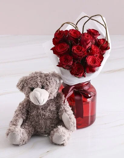 Radiant Red Roses With Brown Teddy Bear - Product image