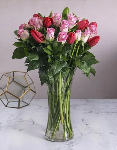 Red Tulips And Pink Roses In Vase - Product image