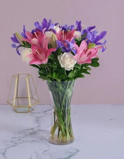 Roses and Irises in a Flair Vase - Product image