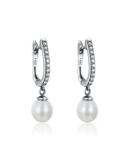 Silver Pearl Pave Drop Earrings - Product image