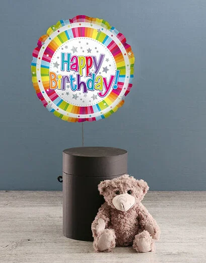 Smiley Face Balloon With Teddy Bear In Hat Box - Product image