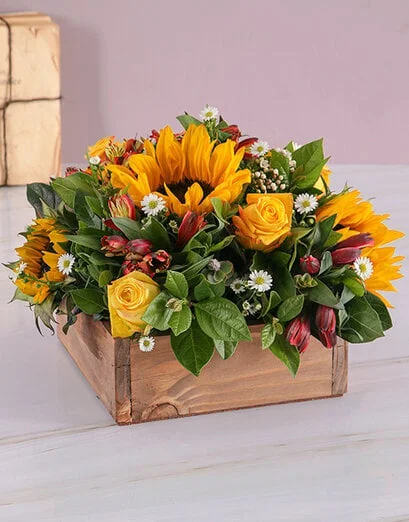 Sunflower and Rose Flower Wooden Box - Product image