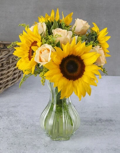 Sunflowers And Peach Roses Vase - Product image