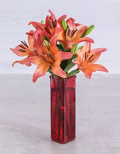 Sunset lilies in a Red Straight Vase - Product image