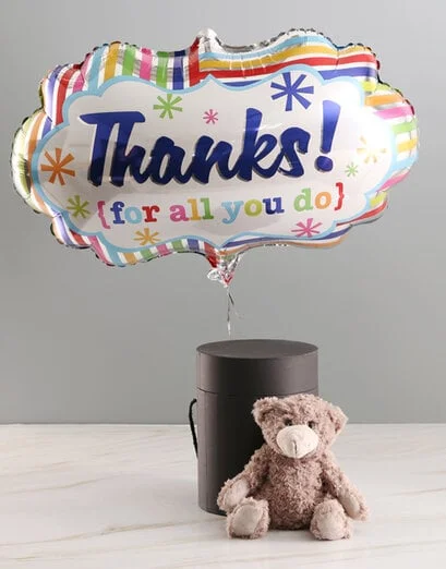 Thank You Balloon With Teddy Bear In Hat Box - Product image