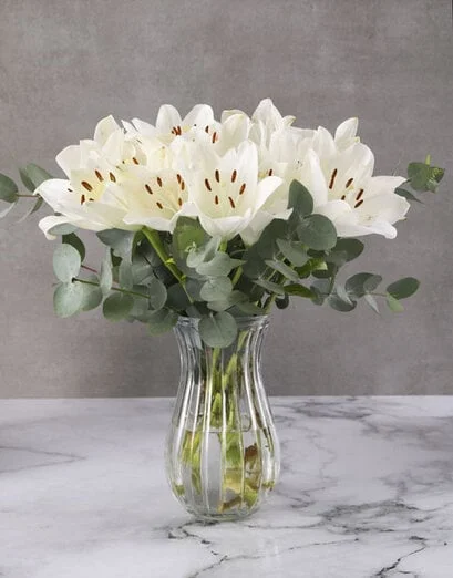 White Asiflorum Lilies In Ribbed Vase - Product image