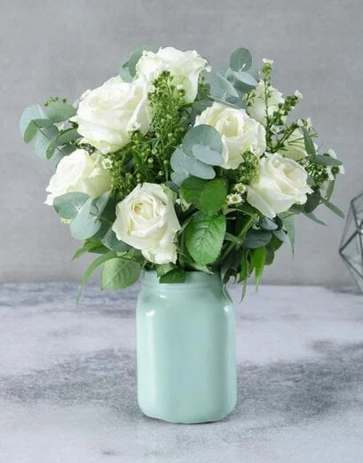 White Rose Arrangement In Turquoise Vase - Product image