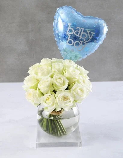 White Roses and Baby Boy Balloon - Product image