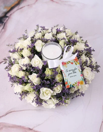 White Sympathy Roses With Glass Candle - Product image