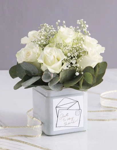 White Thank You Rose Blooms in a Vase - Product image