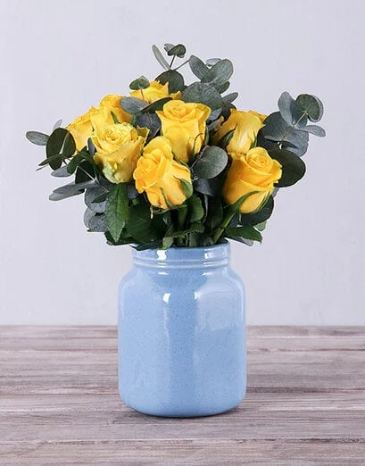 Yellow Roses in Blue Vase - Product image
