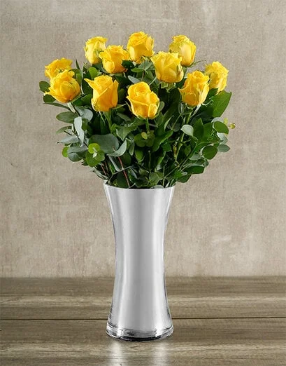 Yellow Roses in Classy Silver Vase - Product image